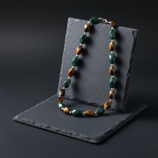 Jaguar Guatemalan Jade & Tiger's Eye Necklace & Earring Set in Silver