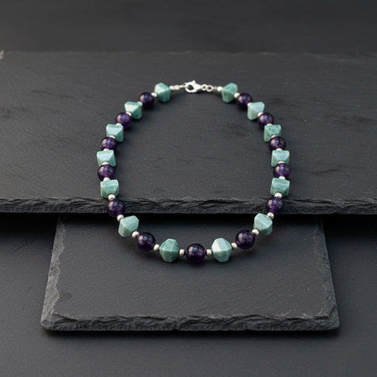 Manzano Guatemalan Jade & Amethyst Beaded Necklace in Silver