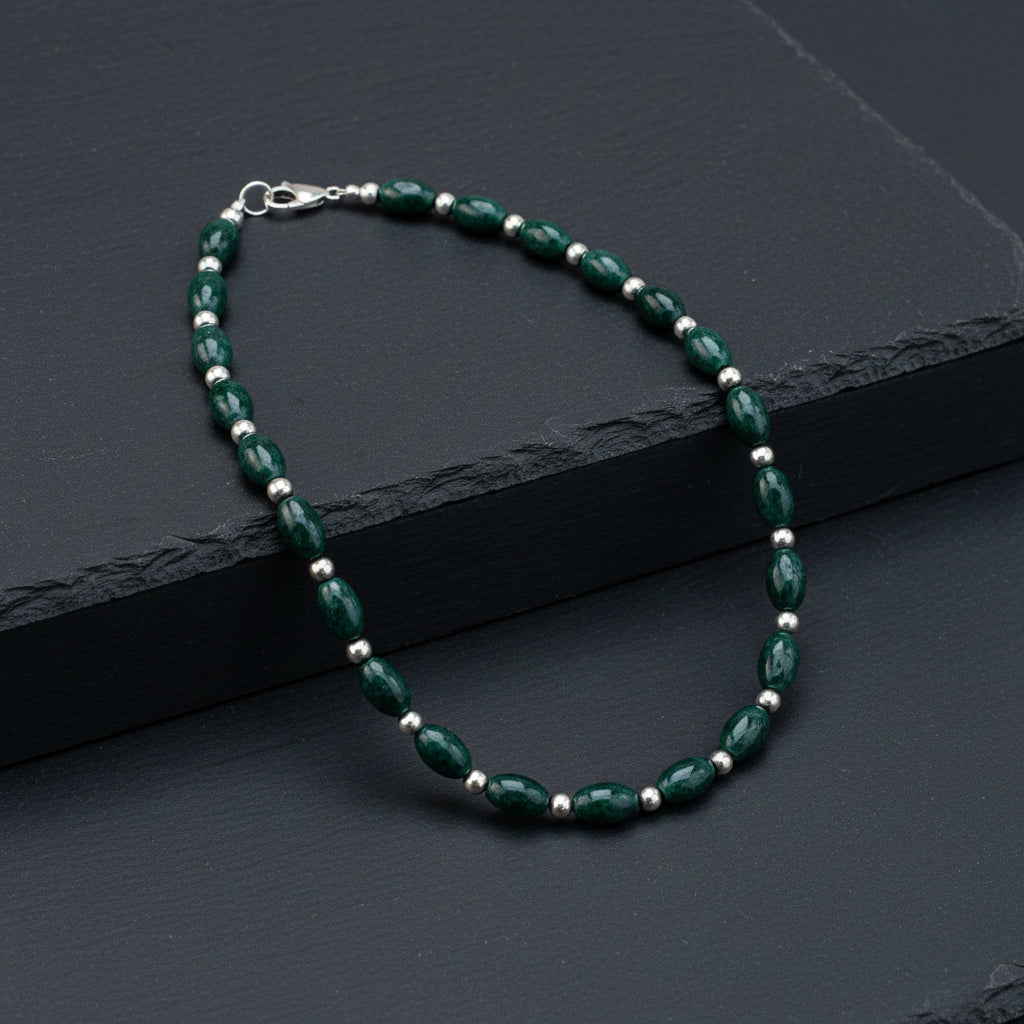 Jaguar Guatemalan Jade Oval Bead Necklace in Silver