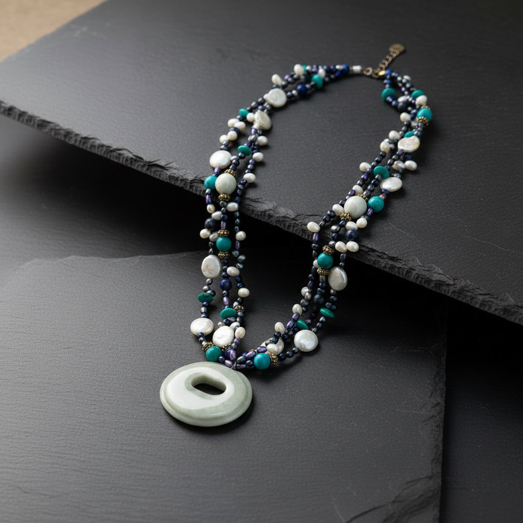Manzano Guatemalan Jade, Turquoise & Freshwater Pearl Multi-Strand Necklace