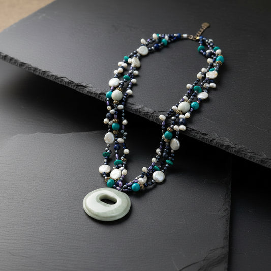 Manzano Guatemalan Jade, Turquoise & Freshwater Pearl Multi-Strand Necklace