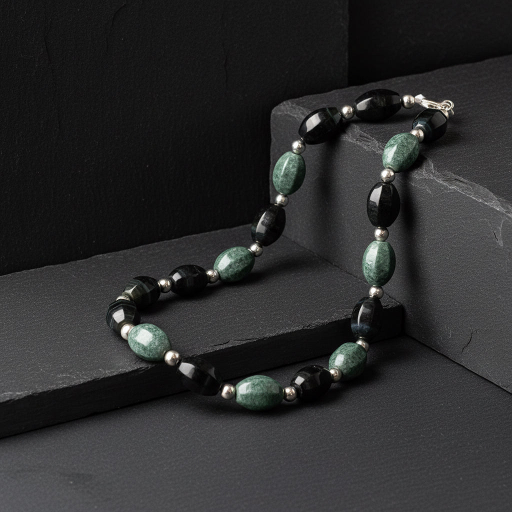 Jaguar Guatemalan Jade & Mexican Rainbow Obsidian Necklace in Silver