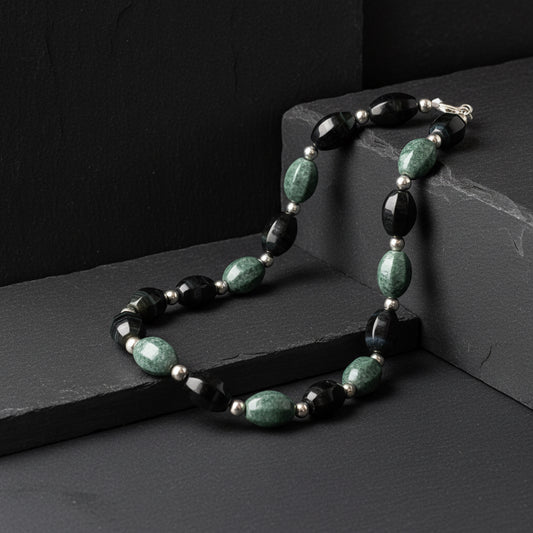 Jaguar Guatemalan Jade & Mexican Rainbow Obsidian Necklace in Silver