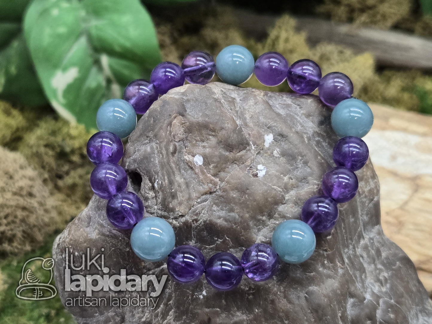 Guatemalan Jadeite & AAA Amethyst Bracelet — 10mm Cylinder Beads, 6.5"