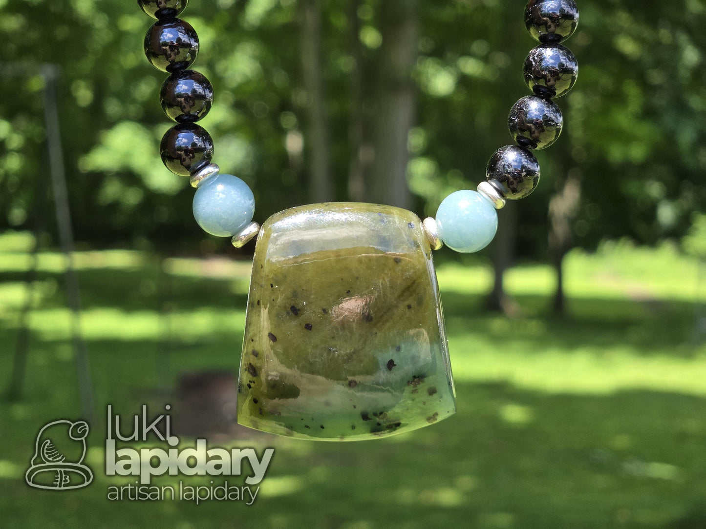 Siberian Nephrite Hatchet Pendant — Two-Tone with Hematite & Fully Beaded Necklace