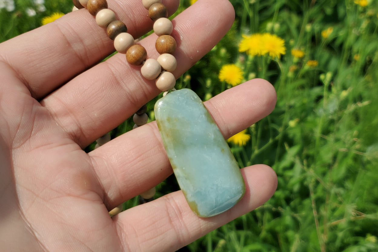 Two-Tone Champagne Jadeite Pendant - Toki Inspired with Wood Accents