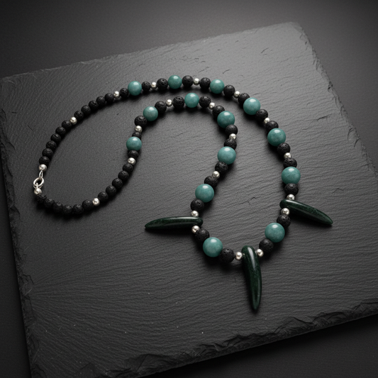 Mayan Jaguar Tooth Necklace - Princessa and Jaguar Jadeite with .925 Sterling Silver