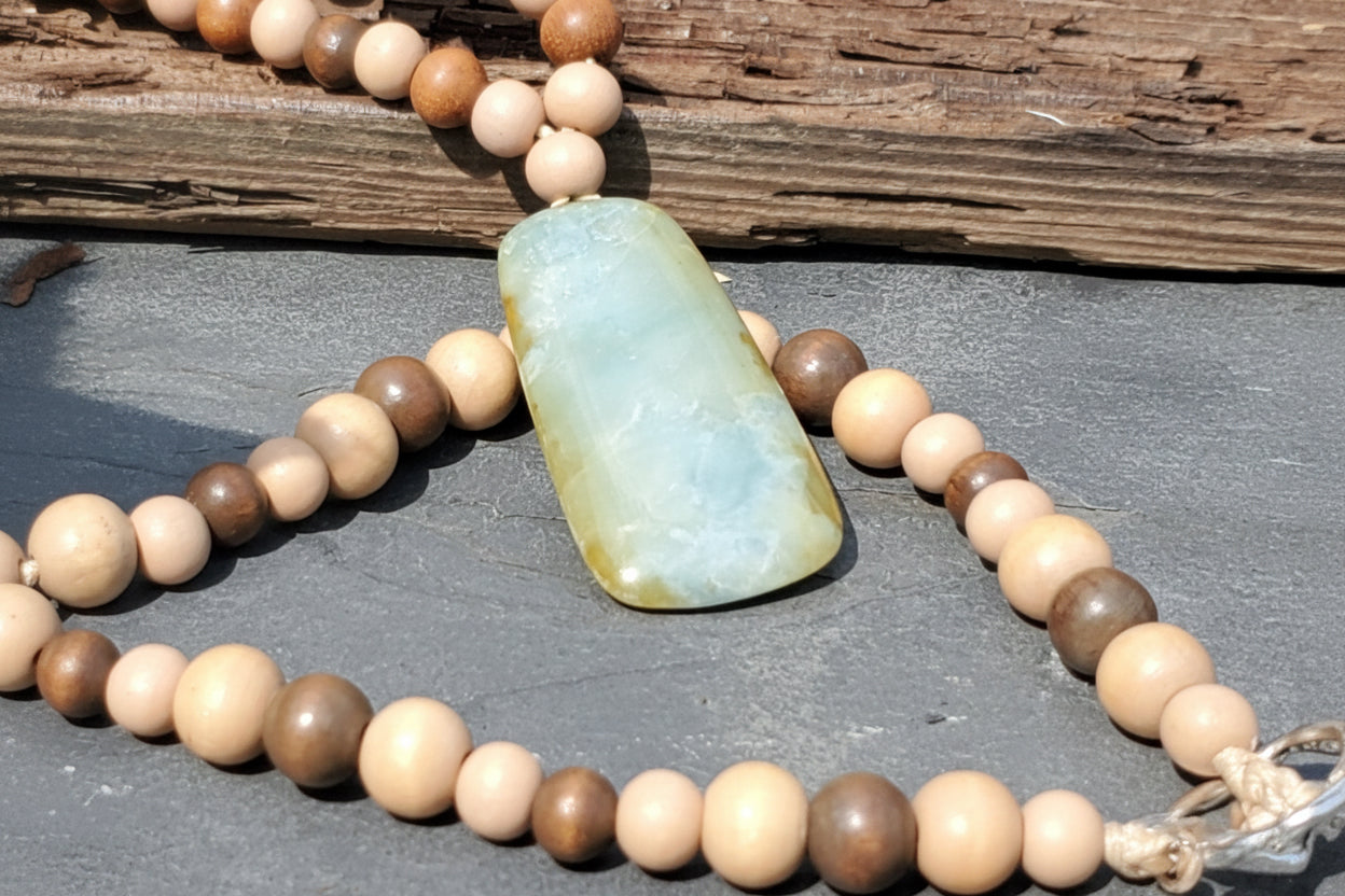 Two-Tone Champagne Jadeite Pendant - Toki Inspired with Wood Accents