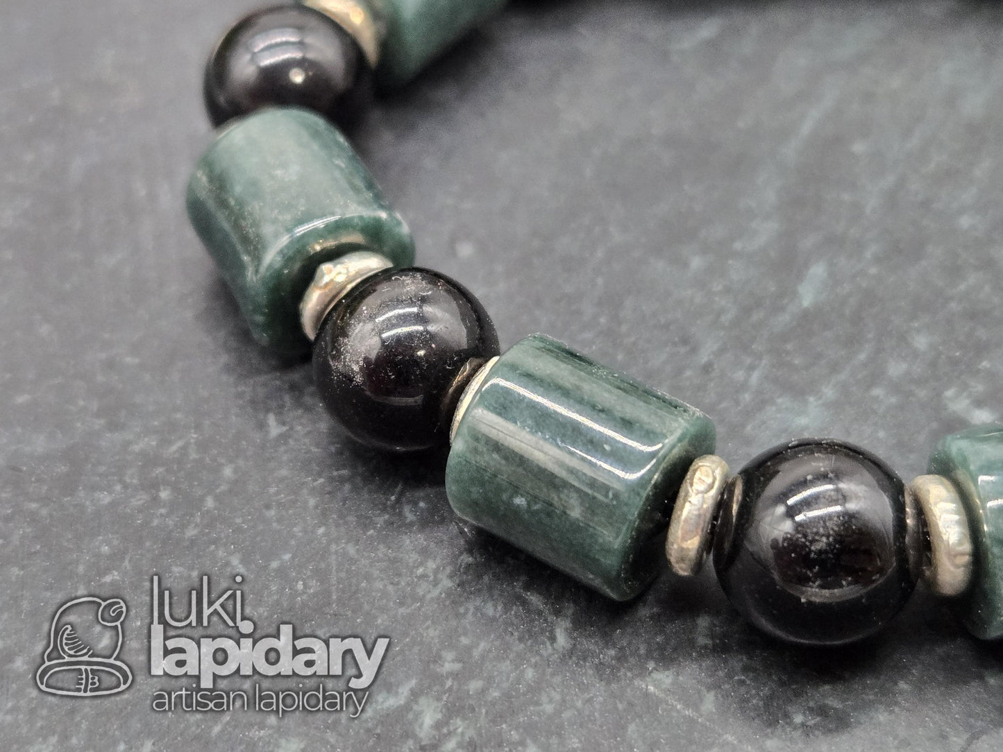 Guatemalan Jadeite Cylinder & Gold Sheen Obsidian Bracelet — .925 Silver Spacers, 7.5"