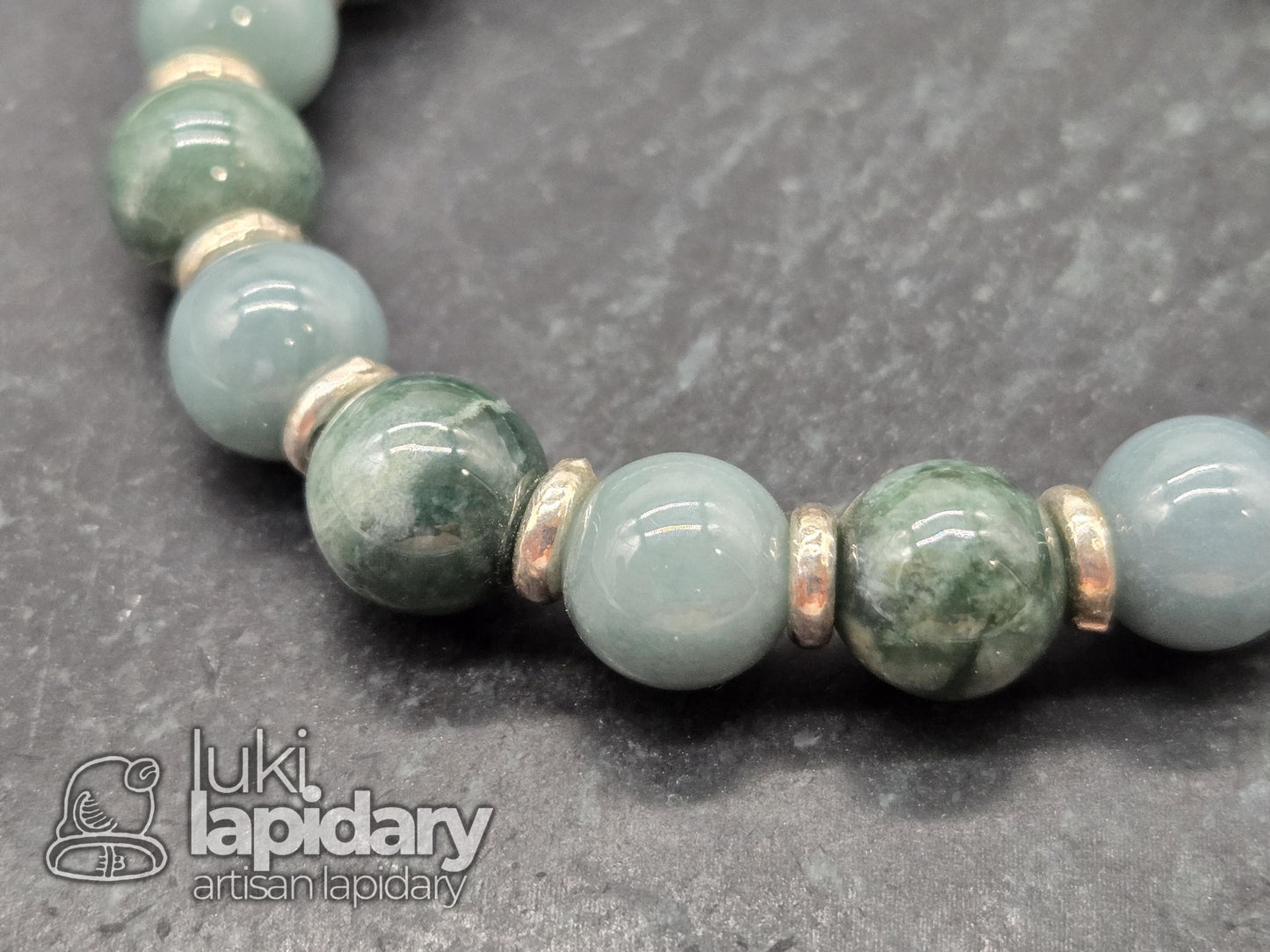 Guatemalan Jadeite Bracelet — Mixed Hues, 10mm Beads & .925 Silver Spacers, 7.5"