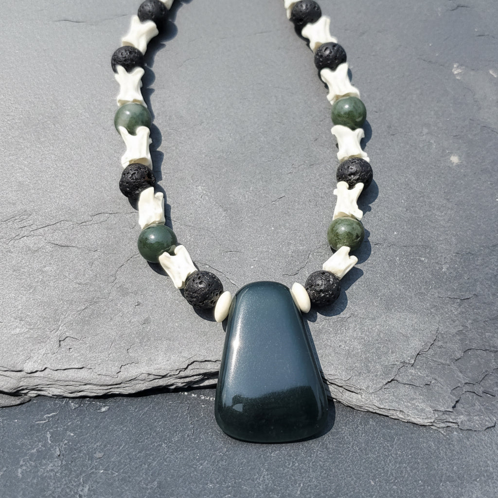 Blue Jadeite Mayan Hatchet Pendant with Snake Vertebrae and Jade Beads