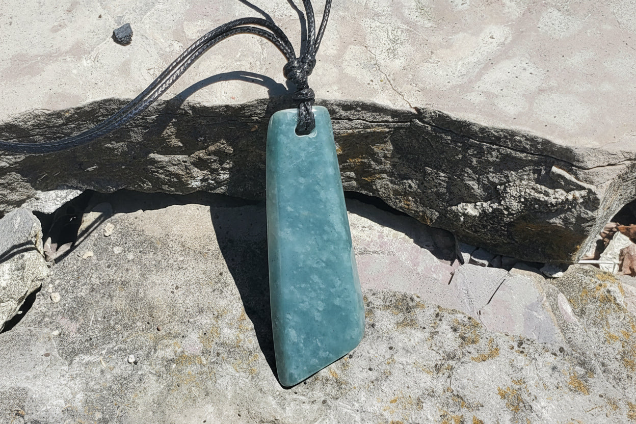 A rectangular green jade pendant necklace with a black cord, resting on a textured stone surface. 