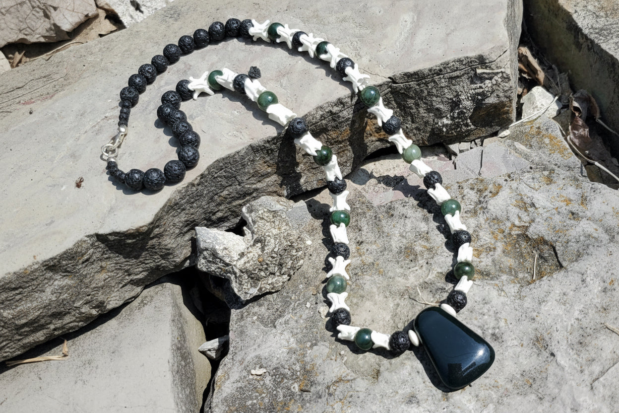 Blue Jadeite Mayan Hatchet Pendant with Snake Vertebrae and Jade Beads