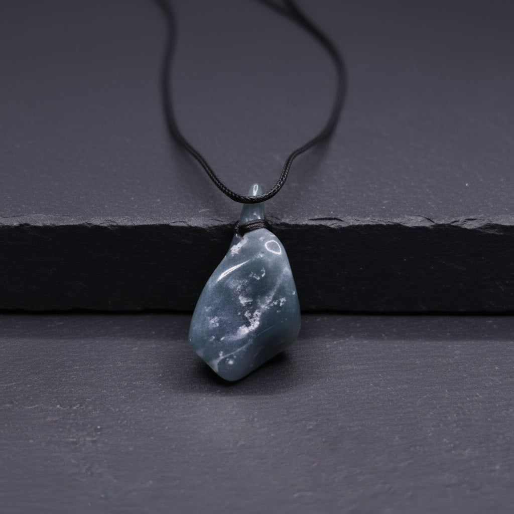 A hand holding a raw, polished gray stone pendant with a black cord, set against a blurred natural background with green moss and a gray rock.