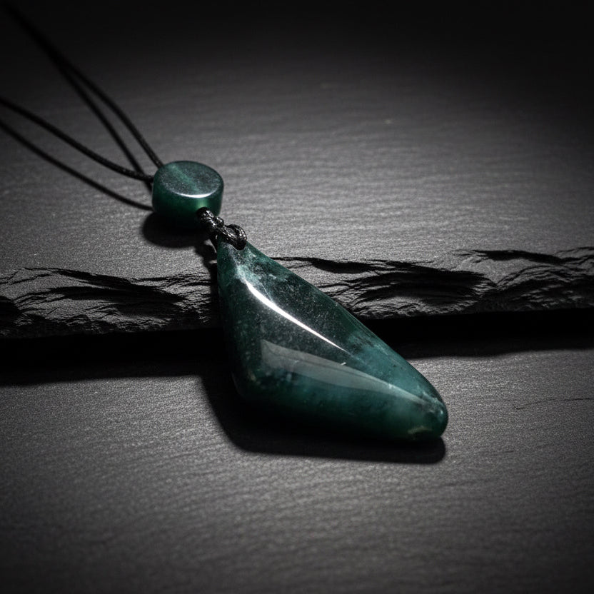 A dark teal blue-green polished stone pendant necklace on a black cord, displayed on weathered wooden planks.