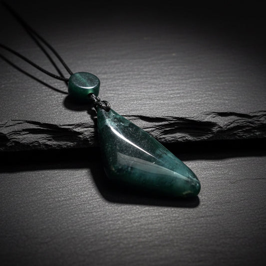 A dark teal blue-green polished stone pendant necklace on a black cord, displayed on weathered wooden planks.