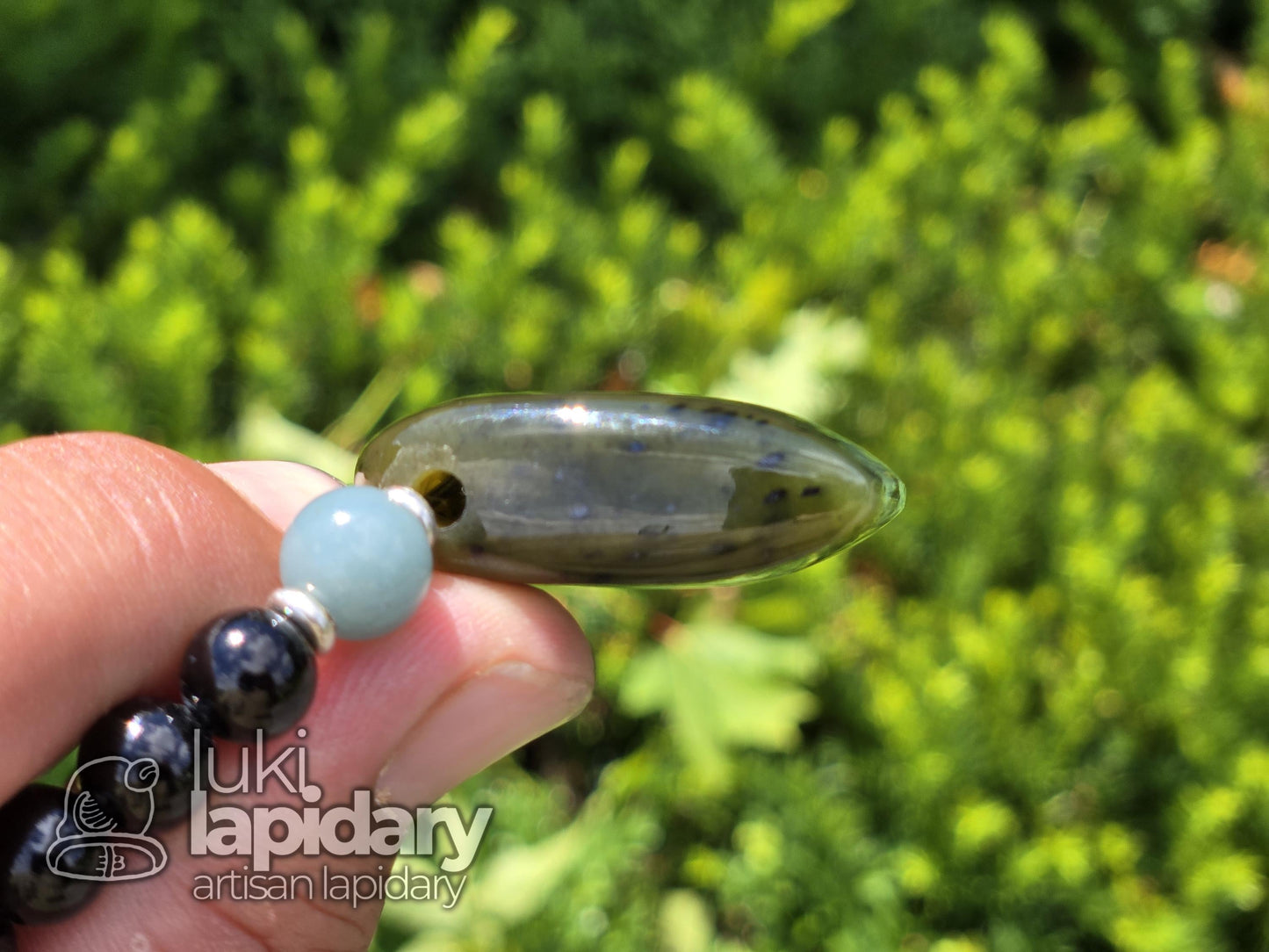Siberian Nephrite Hatchet Pendant — Two-Tone with Hematite & Fully Beaded Necklace