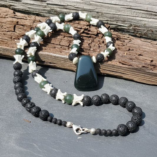 Blue Jadeite Mayan Hatchet Pendant with Snake Vertebrae and Jade Beads