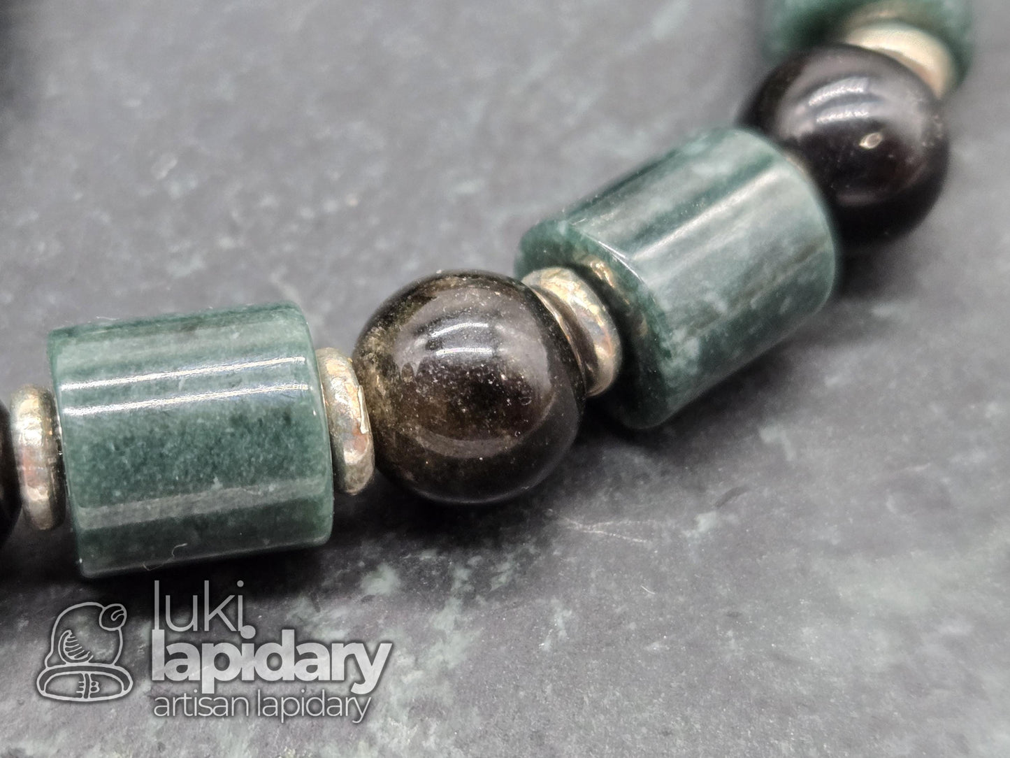 Guatemalan Jadeite Cylinder & Gold Sheen Obsidian Bracelet — .925 Silver Spacers, 7.5"
