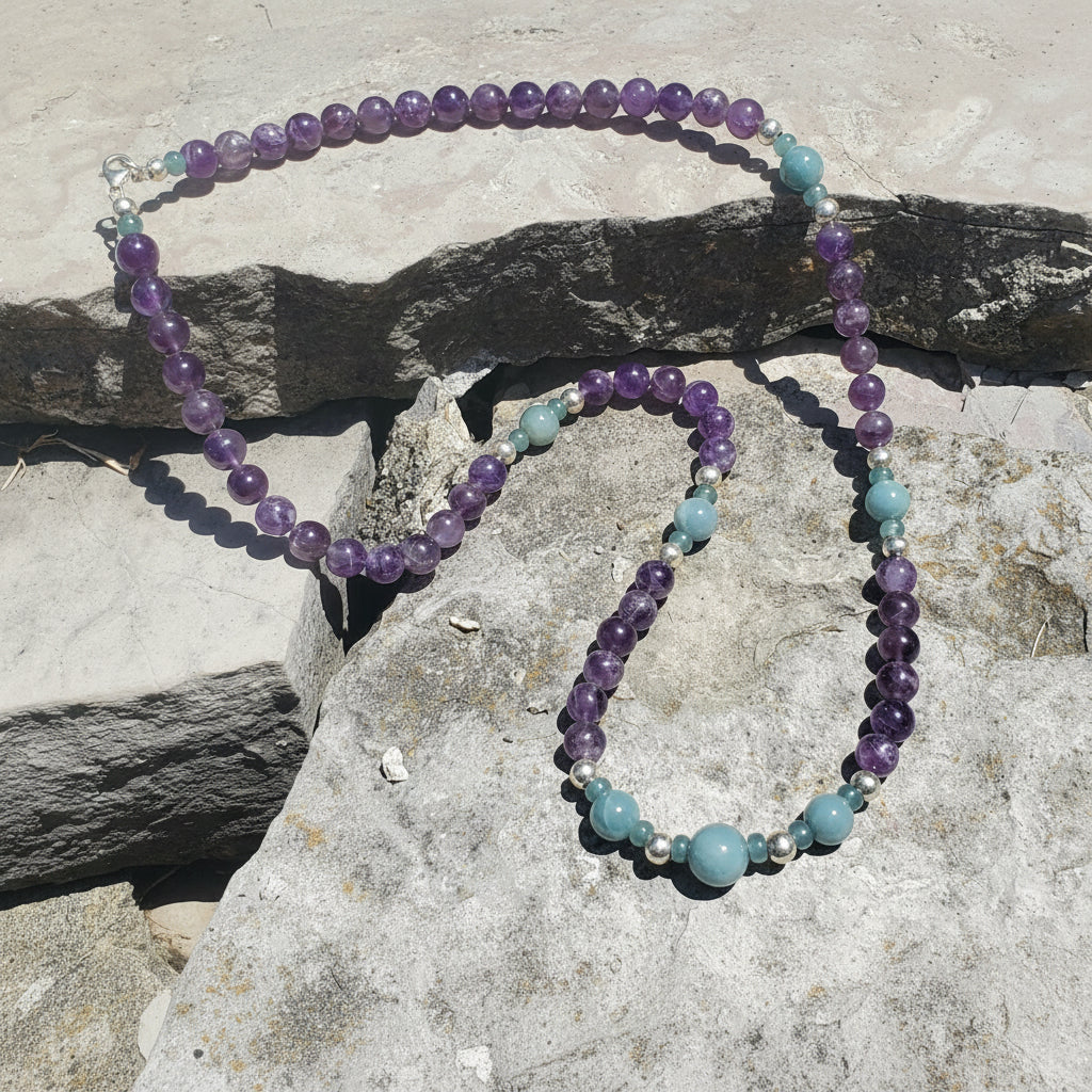 A beaded necklace made of purple amethyst and light blue jade beads, displayed on a textured gray stone surface. 