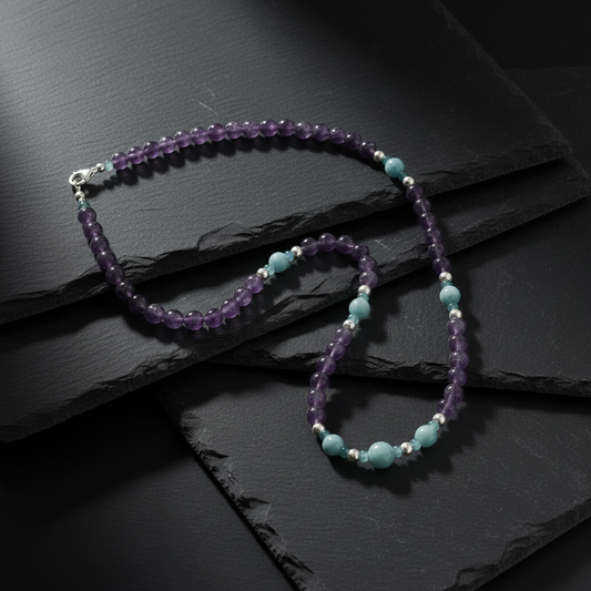 Princessa Jadeite and Amethyst Fully Beaded Necklace with .925 Sterling Silver