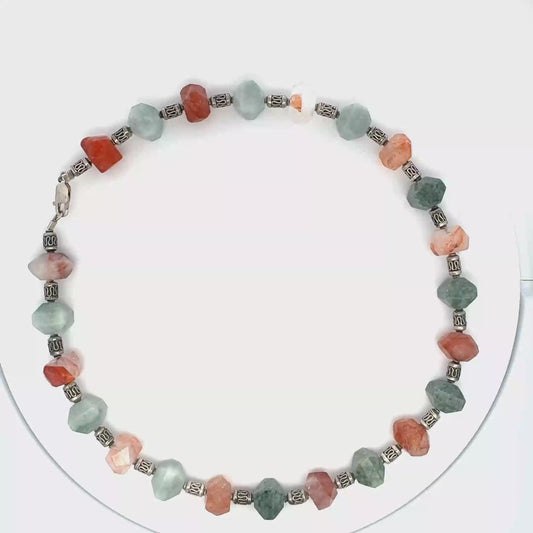 Manzano & Traditional Guatemalan Jade & Carnelian Faceted Necklace in Silver