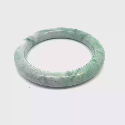 56.94 mm QAR Kazakh Jadeite Bangle, Mottled Light Green and White, Natural Type A