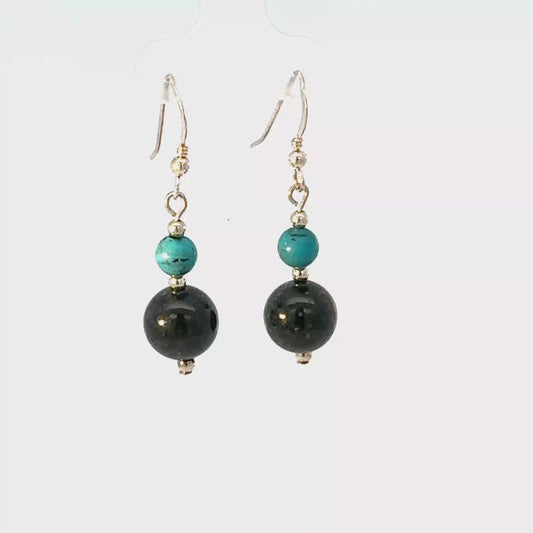 Turquoise & Dark Green Jade Dangle Earrings in Silver