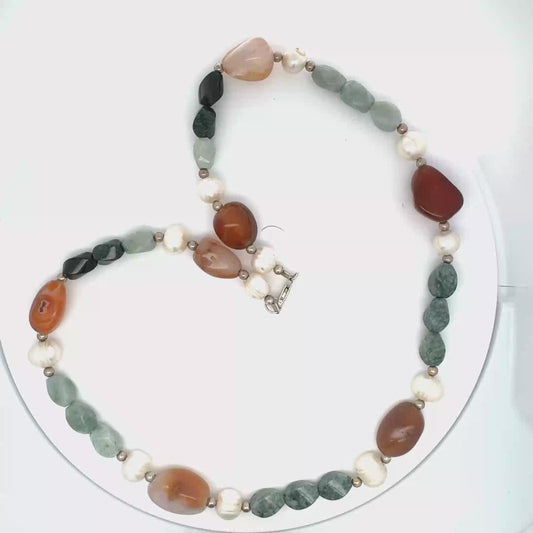 Three-Jade Guatemalan Jadeite, Carnelian & Freshwater Pearl Necklace in Silver