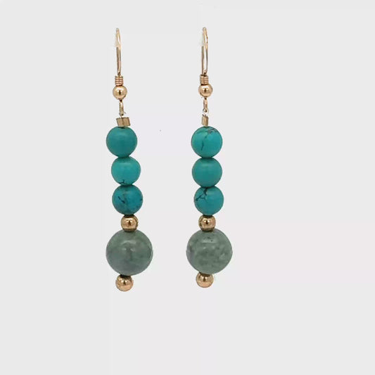 Turquoise & Guatemalan Jadeite Dangle Earrings in Yellow Gold