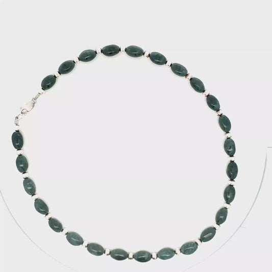 Jaguar Guatemalan Jade Oval Bead Necklace in Silver
