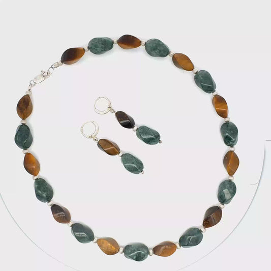 Jaguar Guatemalan Jade & Tiger's Eye Necklace & Earring Set in Silver