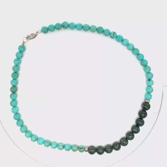 Campitos Turquoise & Green Jaguar Guatemalan Jade Beaded Necklace in Silver