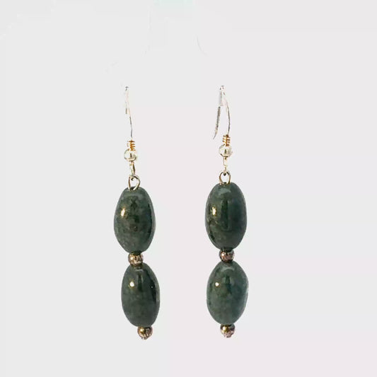 Double Drop Jade Bead Dangle Earrings in Silver