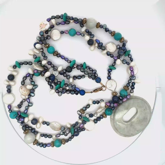 Manzano Guatemalan Jade, Turquoise & Freshwater Pearl Multi-Strand Necklace