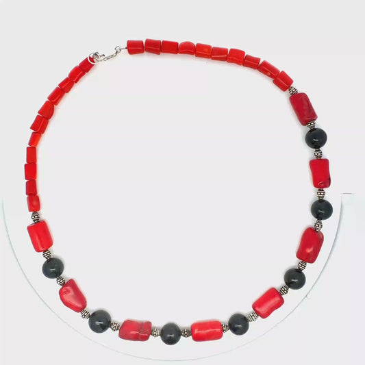 Black Jade, Red Coral & Silver Necklace